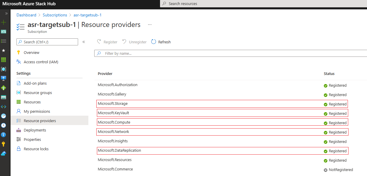 显示已注册资源提供程序的屏幕截图。