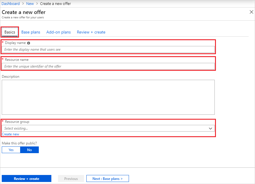 Screenshot that shows where to add basic information in Azure Stack Hub administration portal.