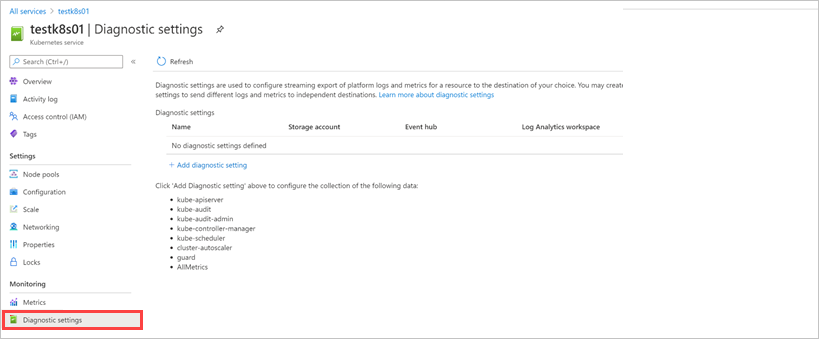 Diagnostic Settings to collect Kubernetes logs