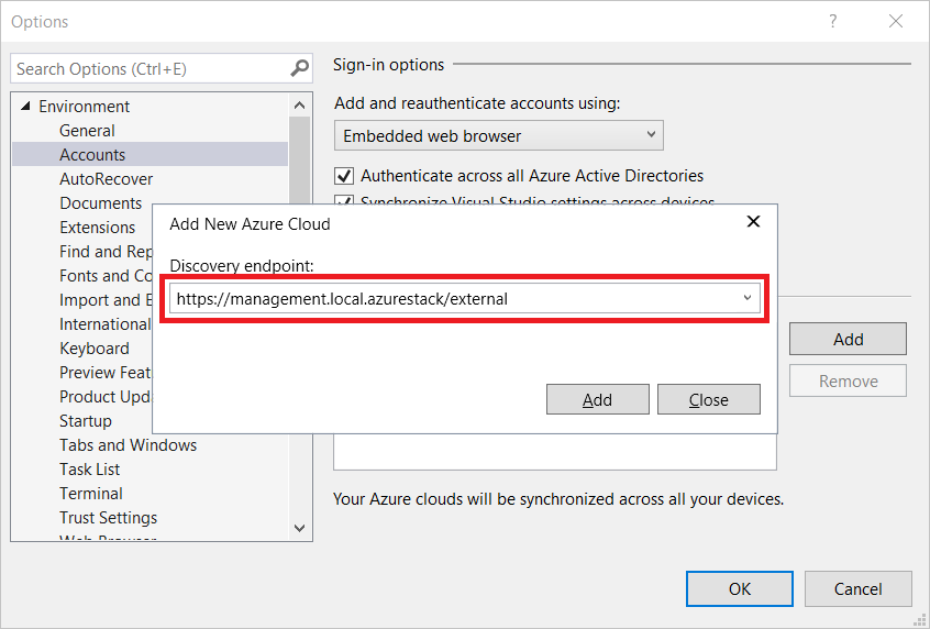 添加新的 Azure 云发现终结点