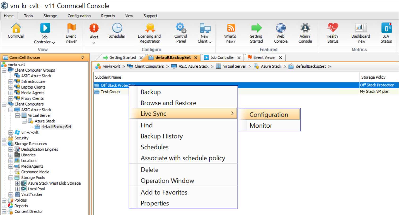 The Commcell console shows the tabbed page 