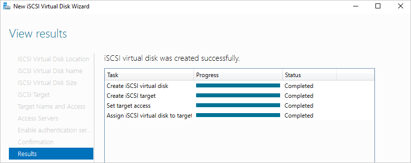 “新建 iSCSI 虚拟磁盘向导的结果”页显示 ISCSI 虚拟磁盘的创建成功。