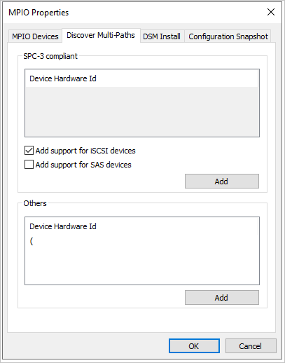 MPIO 对话框的“发现多路径”页显示已选中“添加对 iSCSI 设备的支持”选项。有一个“添加”按钮。