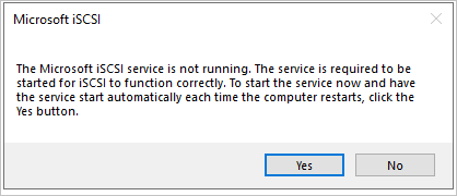 Microsoft iSCSI 对话框报告 iSCSI 服务未运行;有一个“是”按钮来启动服务。