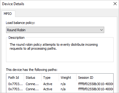 The MPIO page of the Devices Details dialog box shows Round Robin for the 