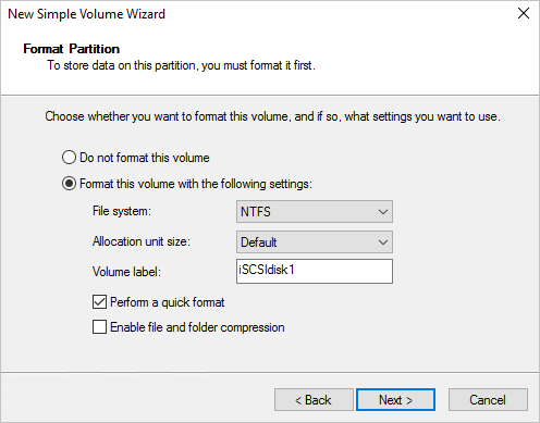 The New Simple Volume Wizard dialog box shows that the volume is to be NTFS with a default allocation unit size and a volume label of 