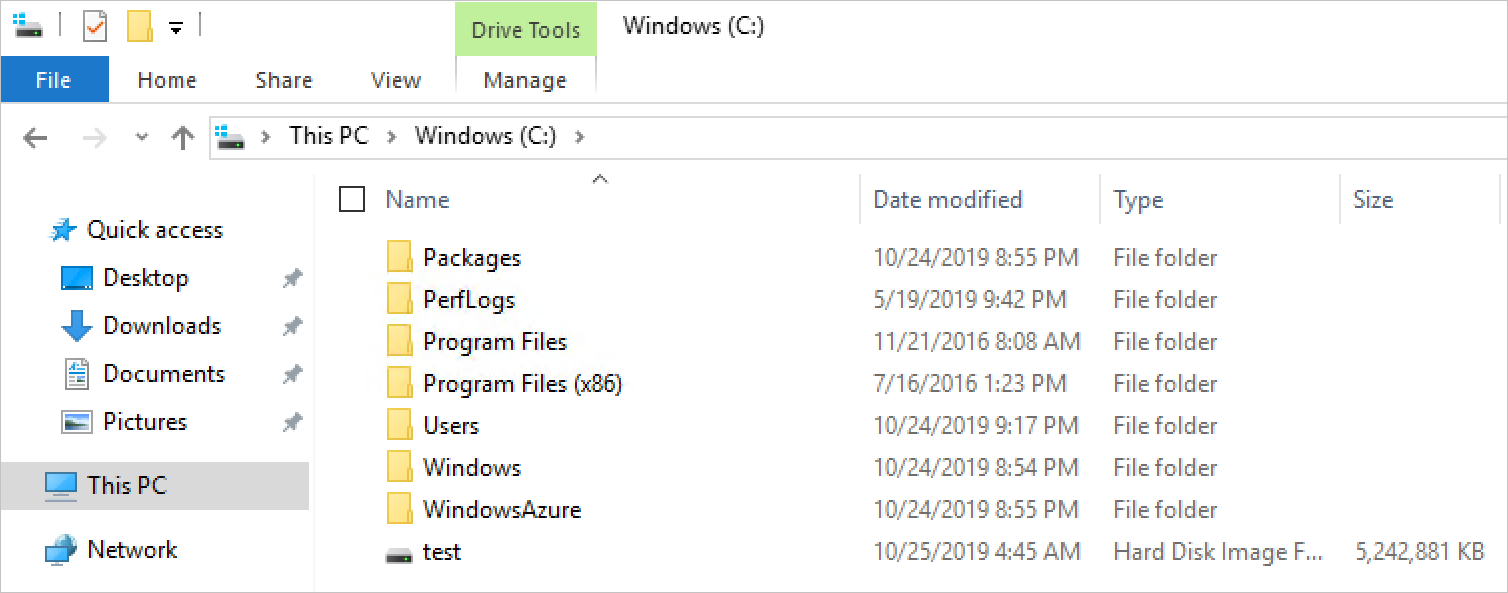 文件 test.vhd 按预期显示在 C：中，并且是指定的大小。
