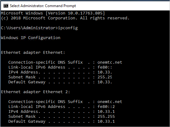 The partial ipconfig command output shows two Ethernet adapters on the same subnet; the IP addresses are 10.33.131.15 and 10.33.131.16.