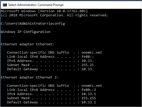 部分 ipconfig 命令输出显示同一子网上的两个以太网适配器;IP 地址为 10.33.131.15 和 10.33.131.16。
