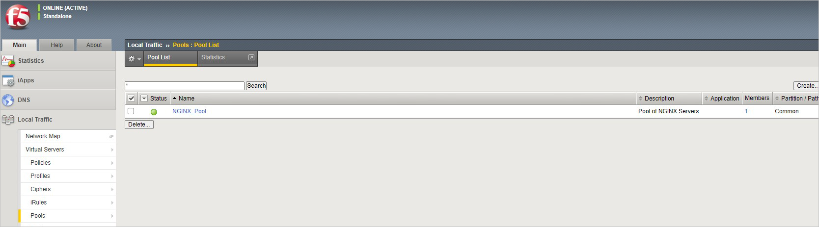 右侧窗格的标题为“本地流量”>>“池: 池列表”,新创建的池是列表中的唯一条目。