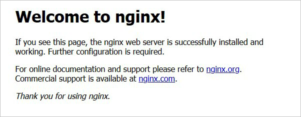 “欢迎使用 nginx!”页面指示 nginx Web 服务器安装成功，需要进一步配置。有两个链接指向支持信息。