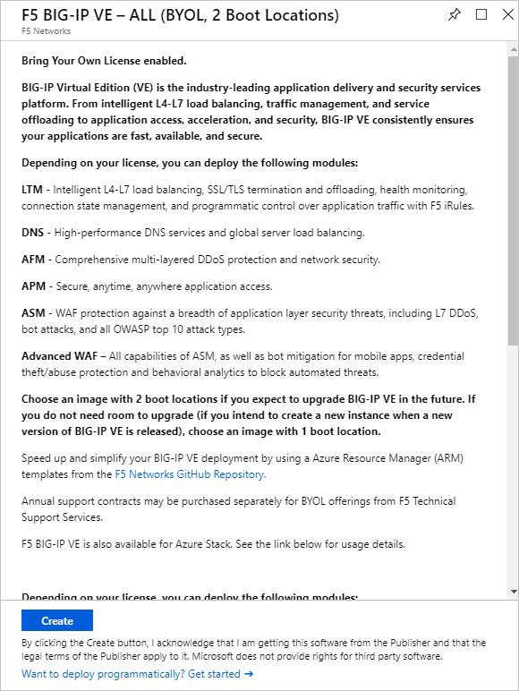 “F5 BIG-IP VE – 全部(BYOL，2 个启动位置)”对话框提供了有关 BIG-IP VE 和可部署的模块的信息，具体取决于你的许可证。有一个“创建”按钮。