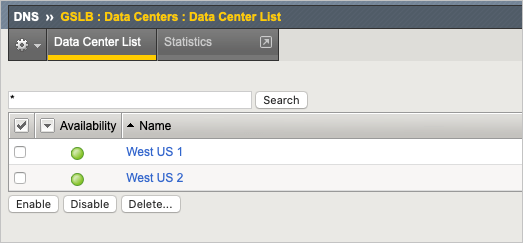 “DNS”>>“GSLB: 数据中心: 数据中心列表”对话框列出了数据中心和状态。有“启用”、“禁用”和“删除”按钮可应用于选定的数据中心。