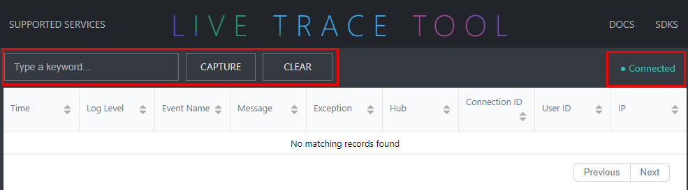 Screenshot of capturing resource logs with live trace tool.