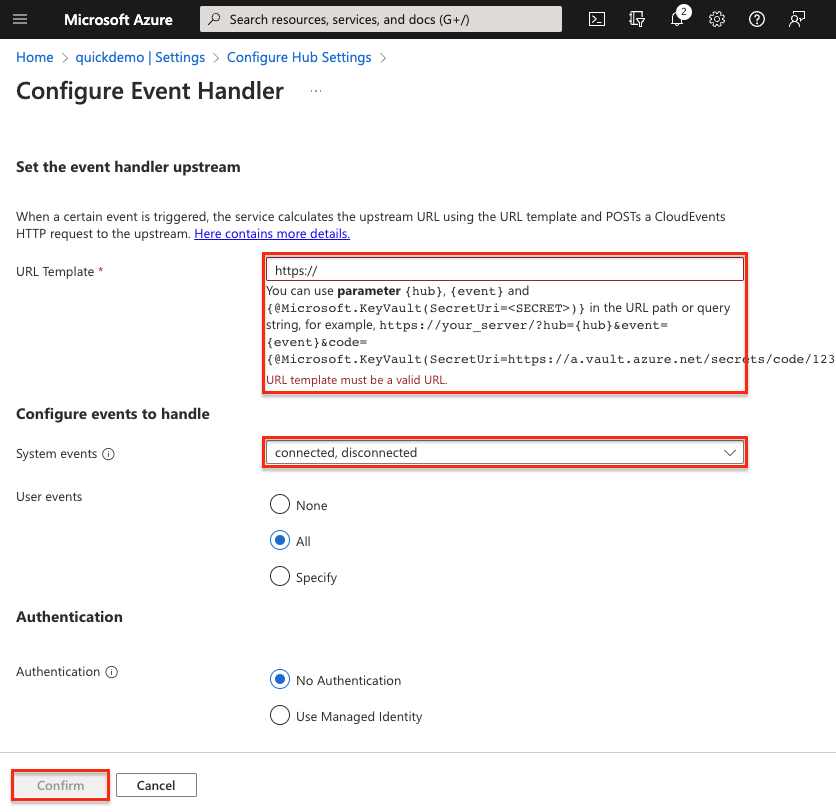 Screenshot of Azure Web PubSub Configure Event Handler - details.