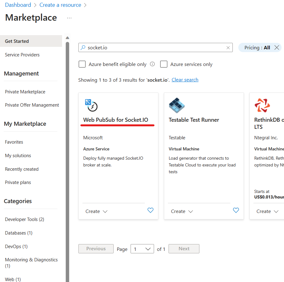 Screenshot of the Web PubSub for Socket.IO service in the marketplace.