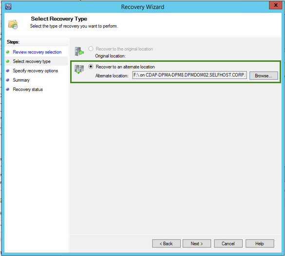 Screenshot shows how to start the external DPM recovery to an alternate location.
