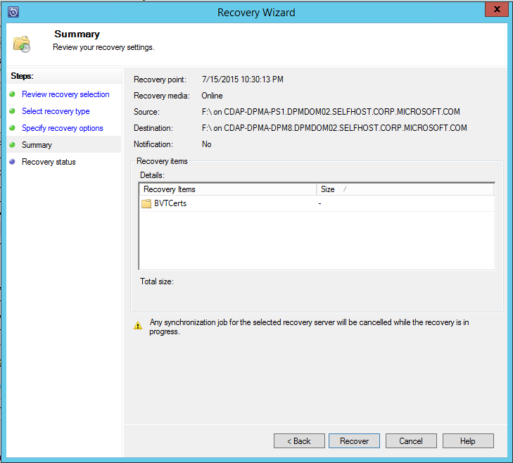 Screenshot shows how to view the external DPM recovery options summary.