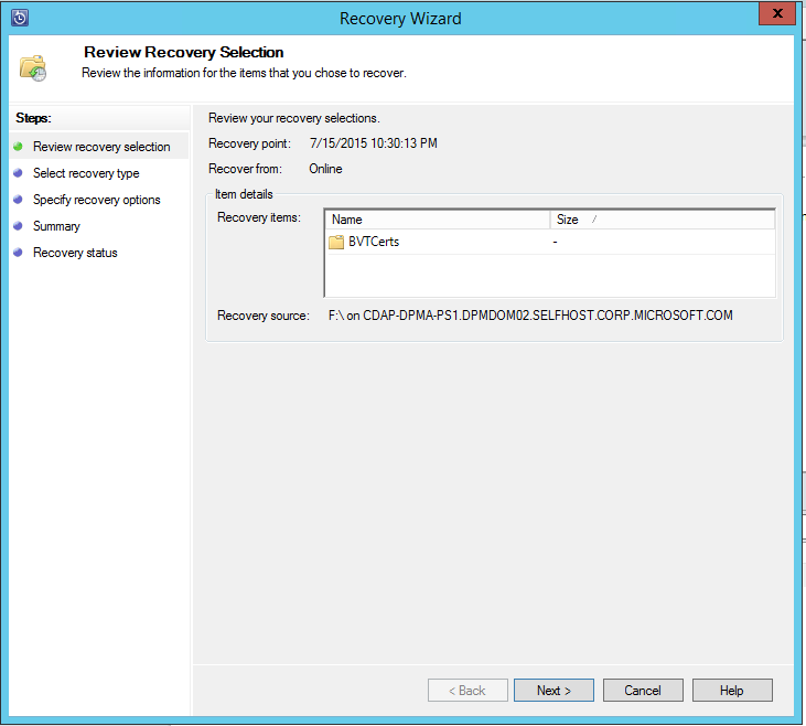 Screenshot shows the external DPM recovery summary.