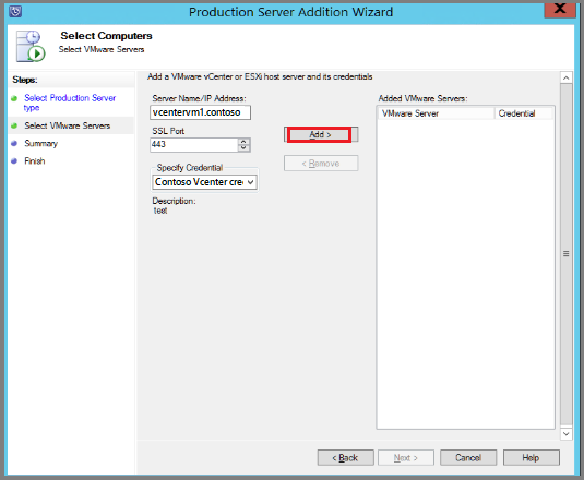 屏幕截图显示如何添加 VMware 服务器和凭据。