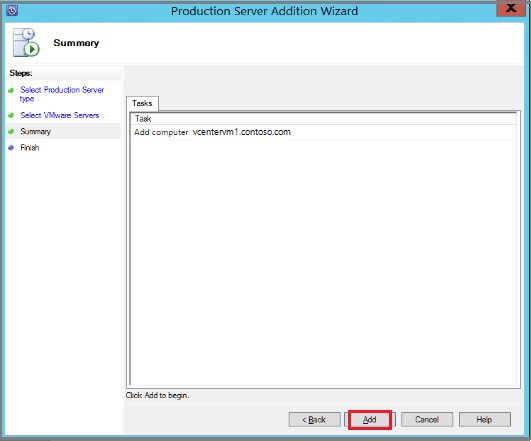 屏幕截图显示如何将 VMware 服务器添加到 Azure 备份服务器。