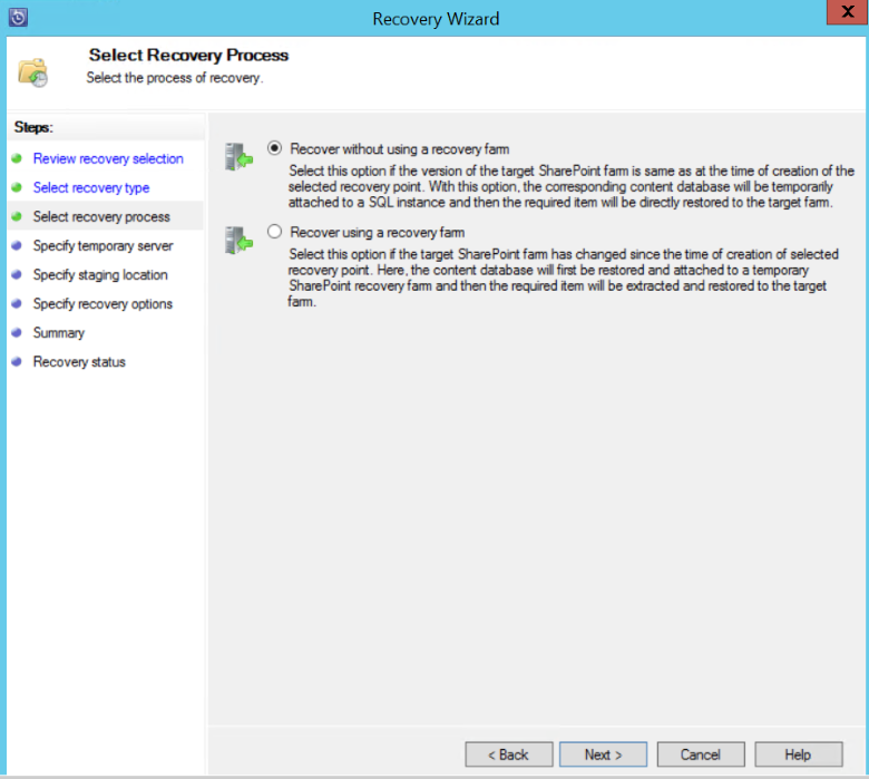 Screenshot shows how to select the recovery process.