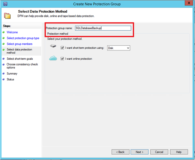 Screenshot shows how to choose a data-protection method - short-term disk protection or online Azure protection.