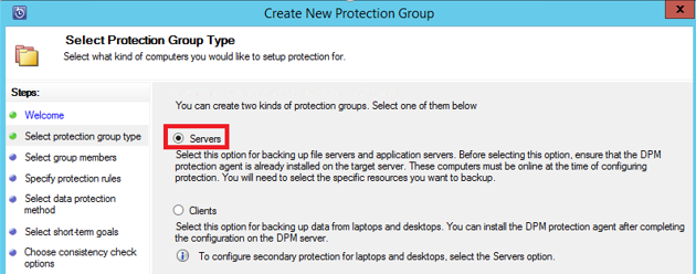 Screenshot shows how to select the Servers protection group type.