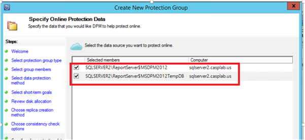 Screenshot shows how to select data sources to protect in Azure.