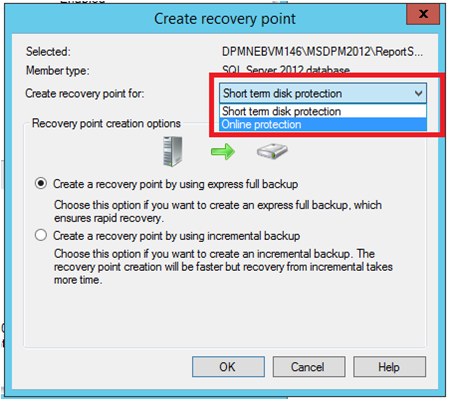 Screenshot shows how to start creating a recovery point in Azure.