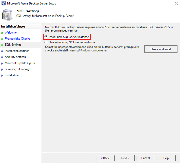 Screenshot shows Azure Backup Server SQL check.