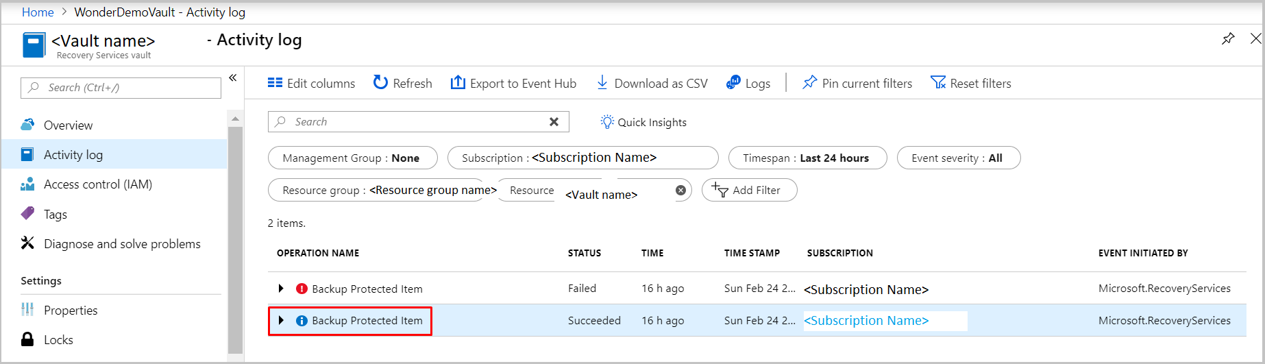 Filtering to find activity logs for Azure VM backups