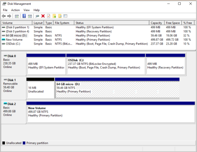 Screenshot of Disk Management window with additional disk.