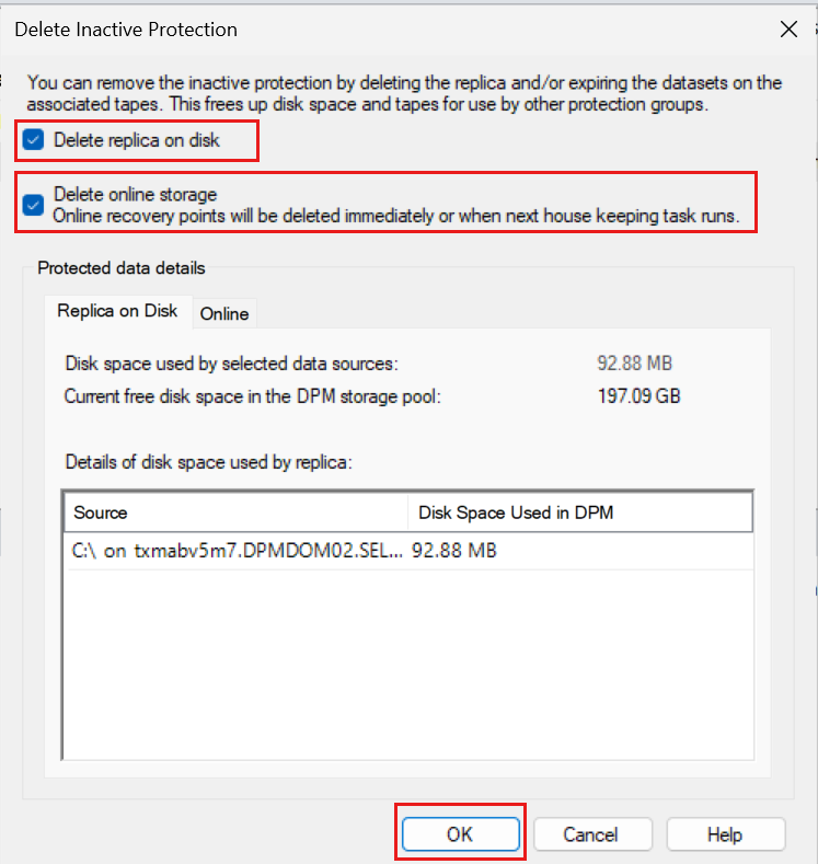 显示“删除非活动保护”对话框的屏幕截图。
