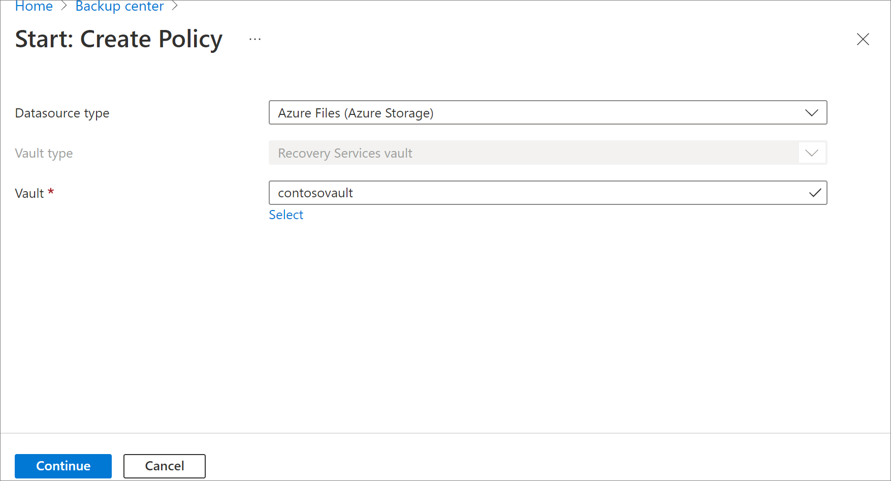 显示选择“Azure 文件共享”作为策略类型的屏幕截图。