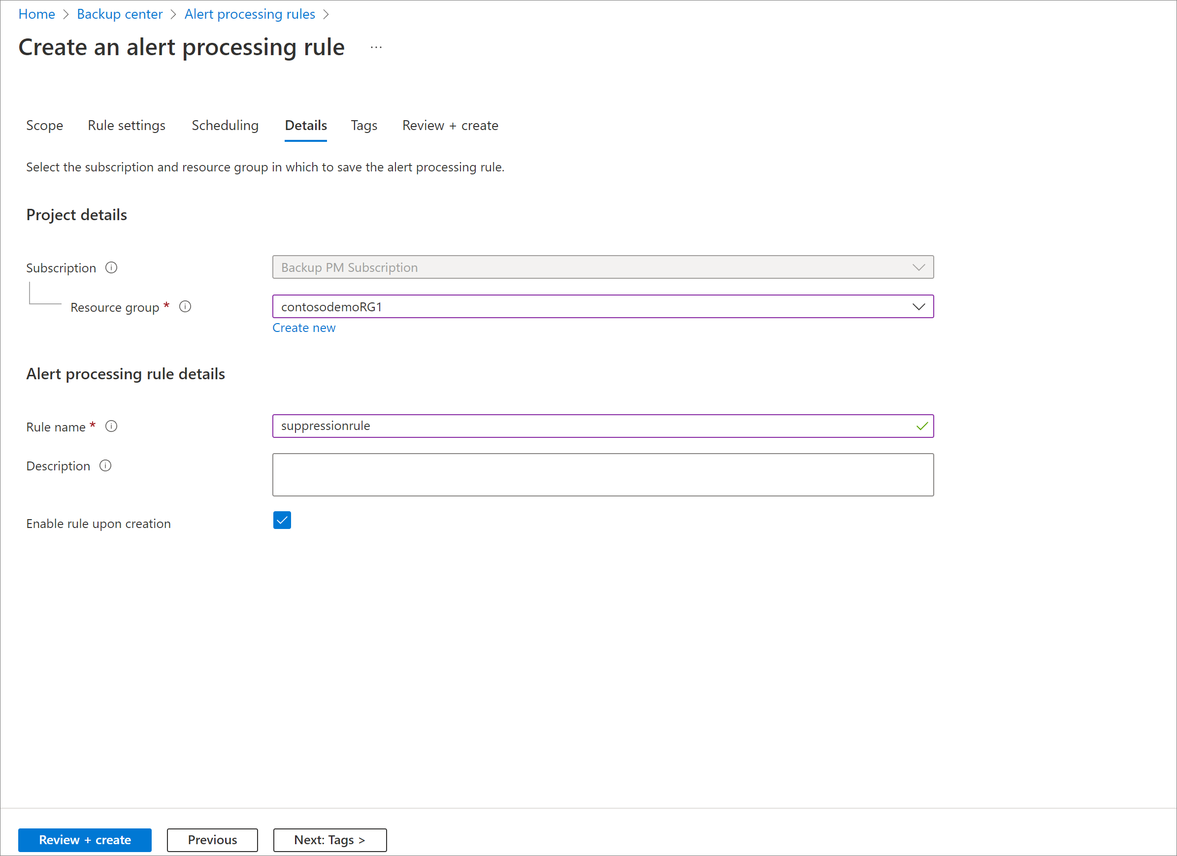 Screenshot showing alert processing rules details.