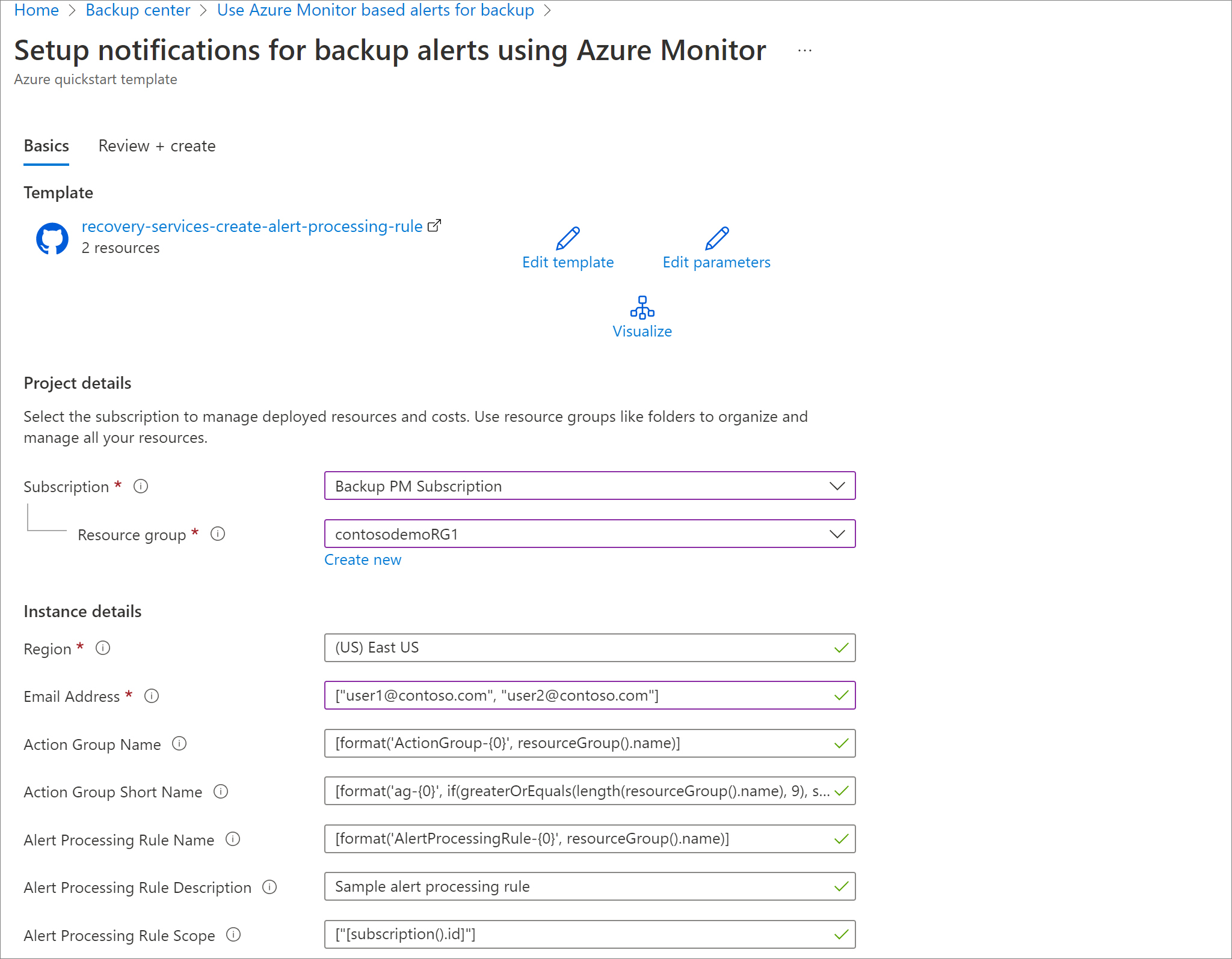 Screenshot showing template parameters to set up notification rules for Azure Monitor alerts.