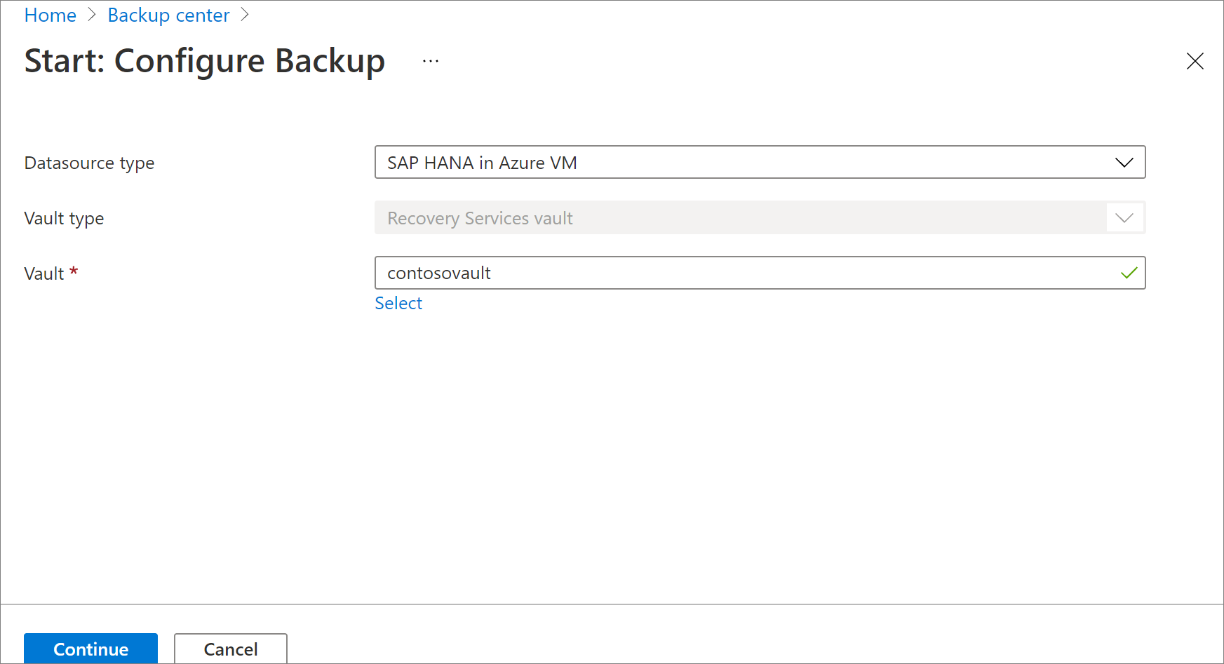 显示在何处选择“Azure VM 中的 SAP HANA”作为数据源类型的屏幕截图。