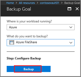 click Backup to associate the Azure file share with vault