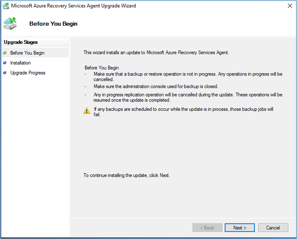 Screenshot shows how to upgrade the MARS agent via the Azure Recovery Services Agent Upgrade wizard.