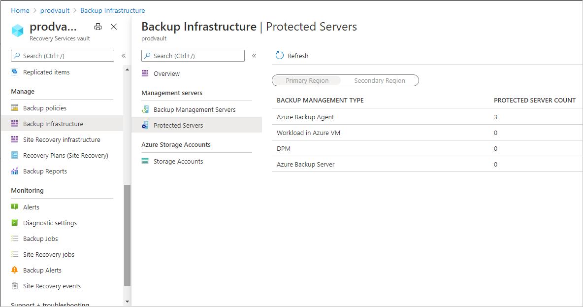 Screenshot shows the list of MARS agents installed as part of Azure Backup server installations.