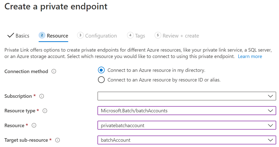 Screenshot of creating a private endpoint - Resource pane.