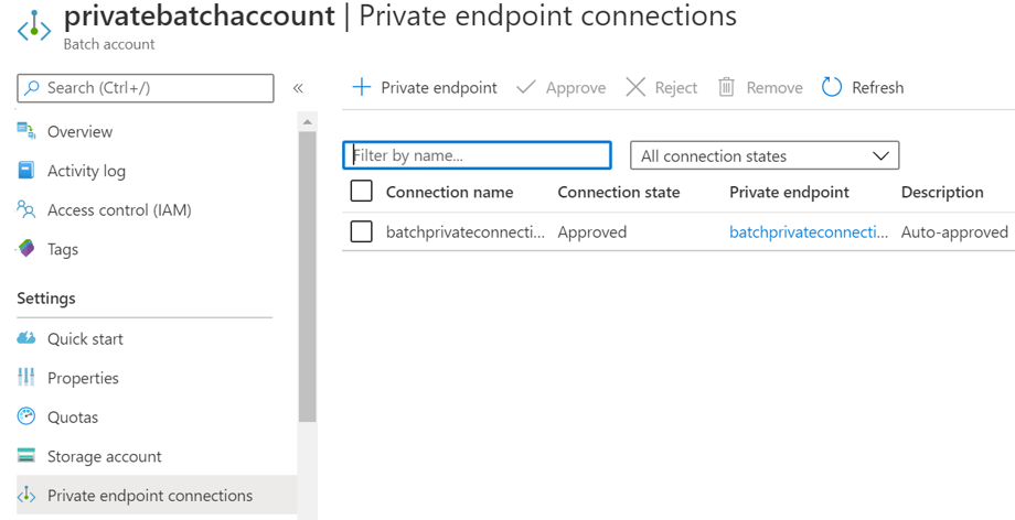 Screenshot of private endpoint connections.
