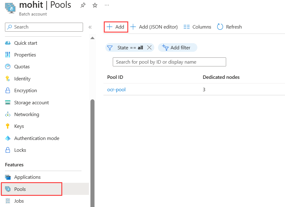 Screenshot of the Pools page in a Batch account that highlights the Add button.