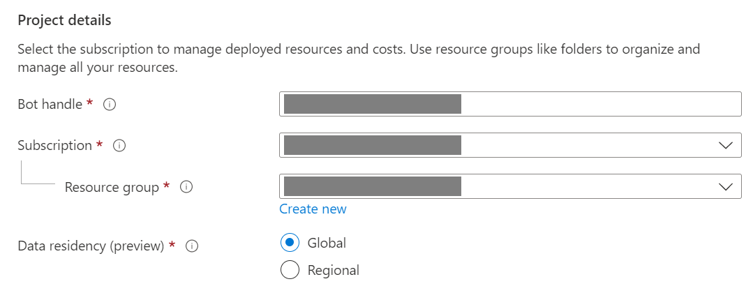 Azure 机器人资源的项目详细信息设置