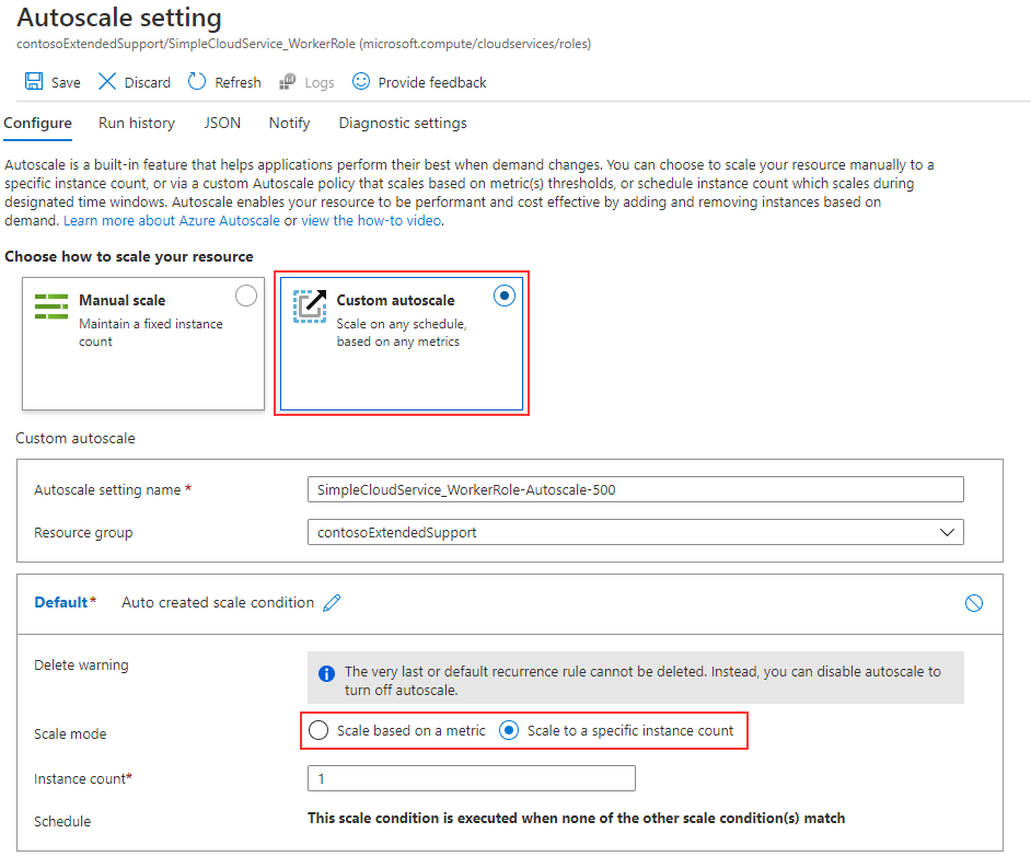 Image shows setting up custom autoscale in the Azure portal