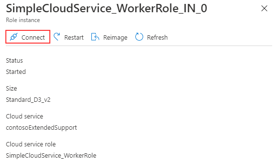 Image shows selecting the worker role instance in the Azure portal.
