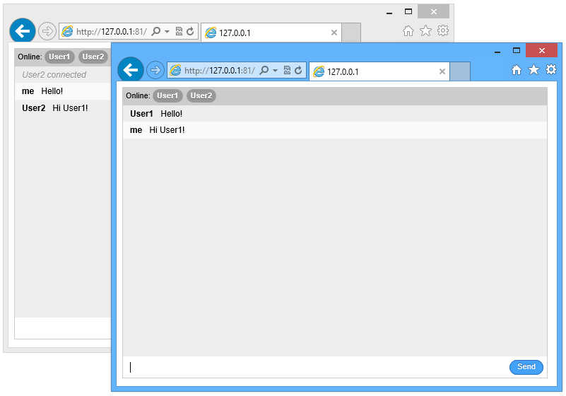 Two browser windows displaying chat messages from User1 and User2