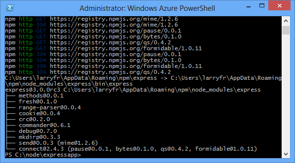 Windows PowerShell 显示 npm install express 命令的输出。