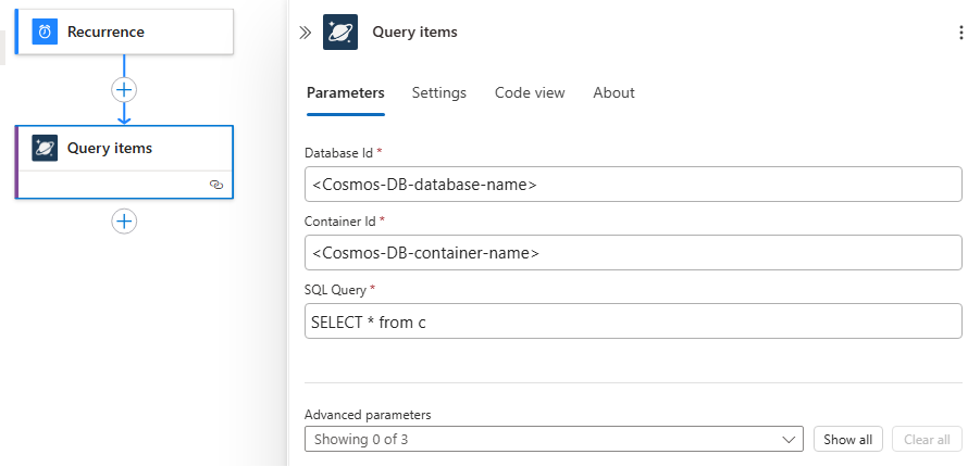 屏幕截图显示了 Azure 门户、标准工作流设计器以及名为“查询项”的 Azure Cosmos DB 内置操作。